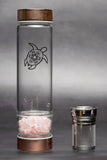 Energizing Glass Bottle for water with tea infuser and pure rose quartz crystals - Sacred Geometric Symbol