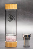 Energizing Glass Bottle for water with tea infuser and pure rose quartz crystals - Sacred Geometric Symbol