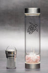 Energizing Glass Bottle for water with tea infuser and pure rose quartz crystals - Sacred Geometric Symbol