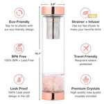 Energizing Glass Bottle for water with tea infuser and pure rose quartz crystals - Sacred Geometric Symbol