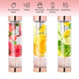 Energizing Glass Bottle for water with tea infuser and pure rose quartz crystals - Sacred Geometric Symbol