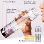 Energizing Glass Bottle for water with tea infuser and pure rose quartz crystals - Sacred Geometric Symbol